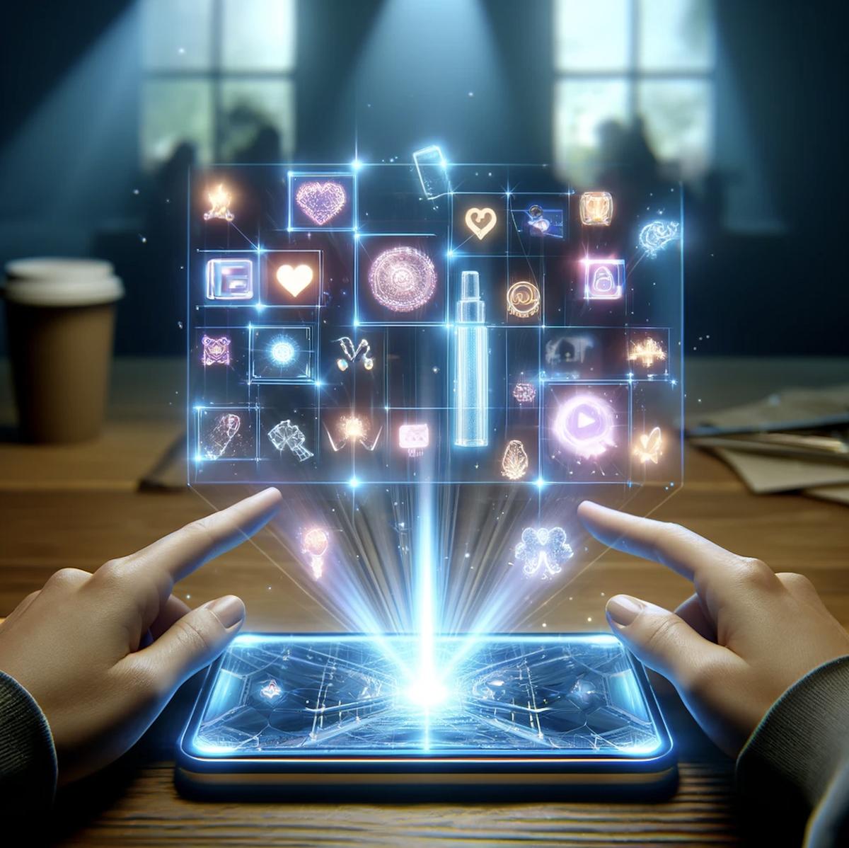 A hand opening a holographic feed of products