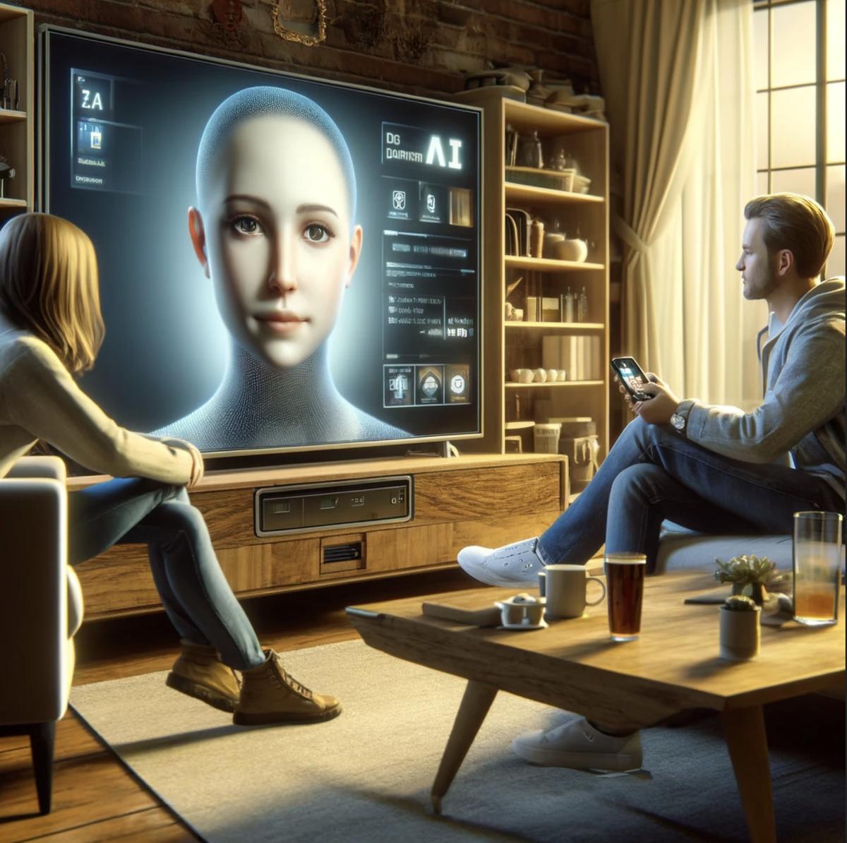 A digital human on a living room screen
